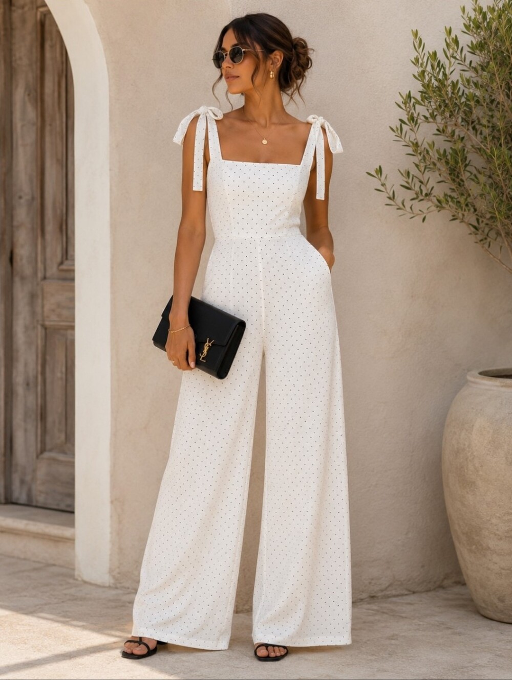 Alexis White Polka Dot Tie-Shoulder Wide-Leg Jumpsuit